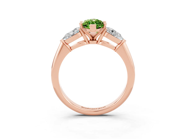 Rose gold Three-Stone Marquise Cut Peridot Ring with Pear Side Stones and Four-Prong Setting