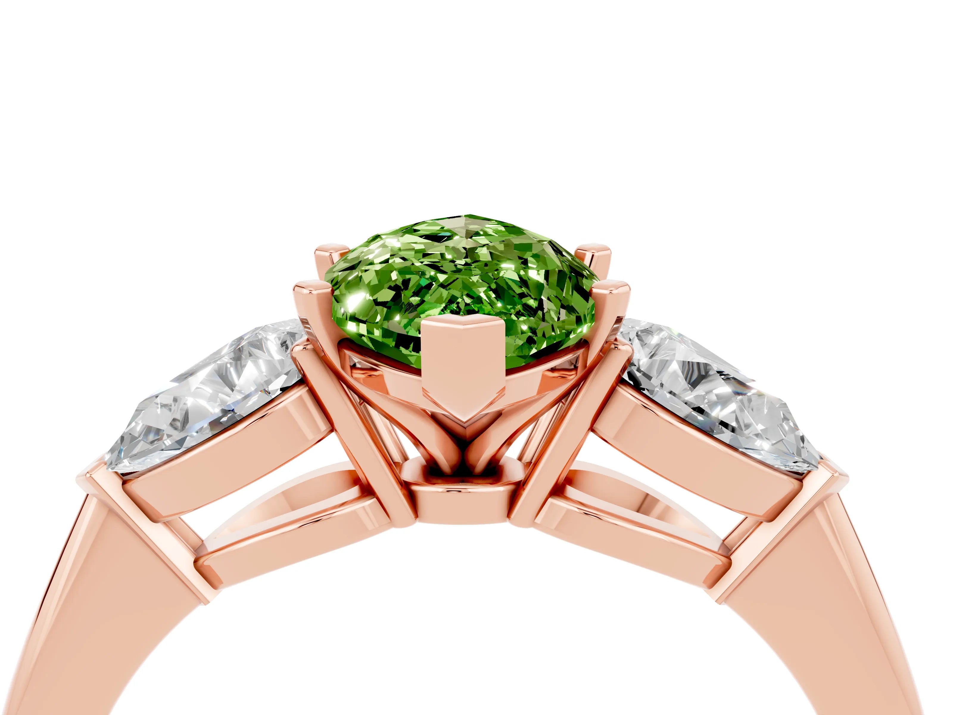 Rose gold Three-Stone Marquise Cut Peridot Ring with Pear Side Stones and Four-Prong Setting_4