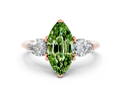 Rose gold Three-Stone Marquise Cut Peridot Ring with Pear Side Stones and Four-Prong Setting