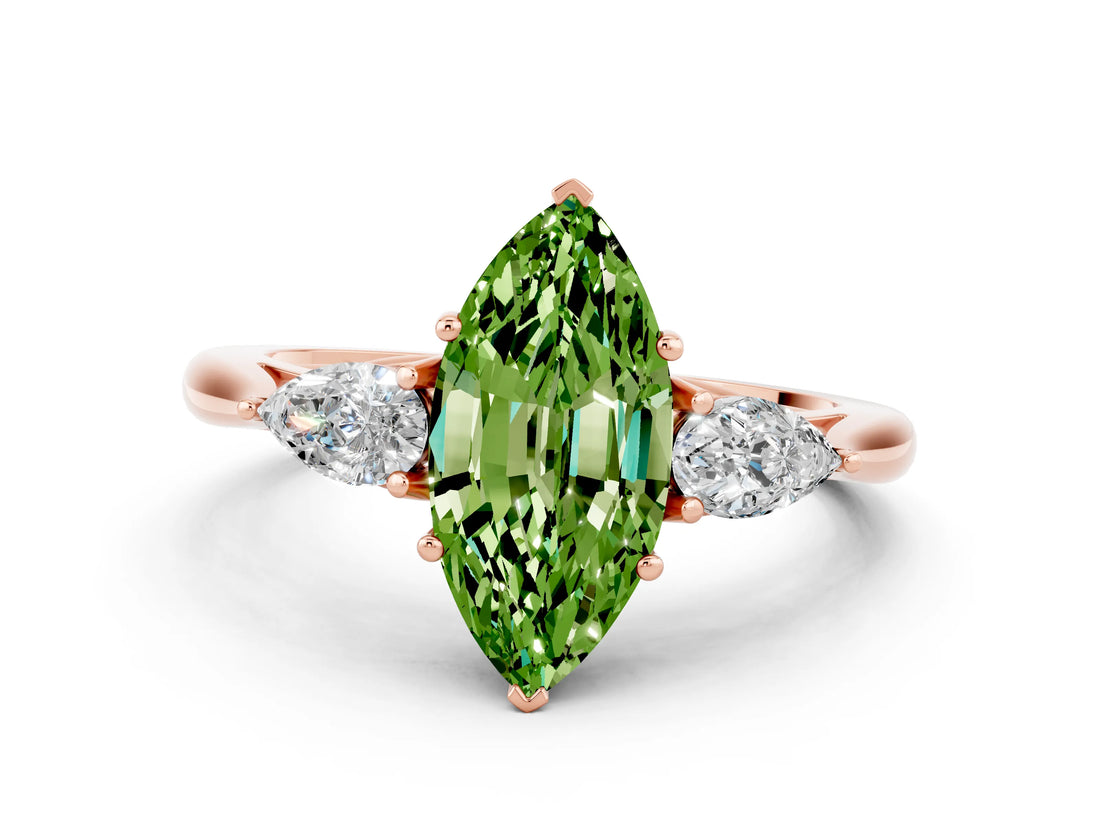 Rose gold Three-Stone Marquise Cut Peridot Ring with Pear  Side Stones in Four-Prong Setting_12