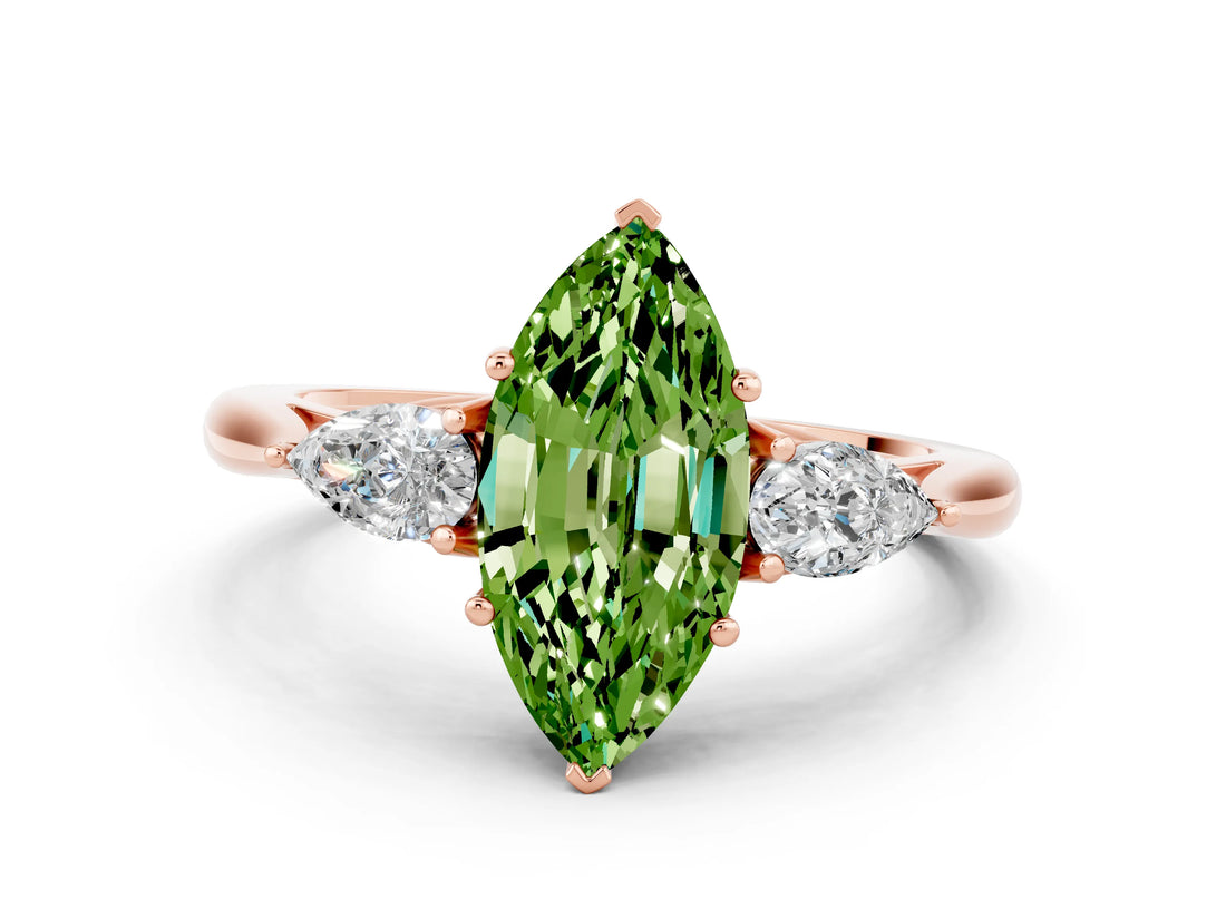 Rose gold Three-Stone Marquise Cut Peridot Ring with Pear  Side Stones in Four-Prong Setting_36