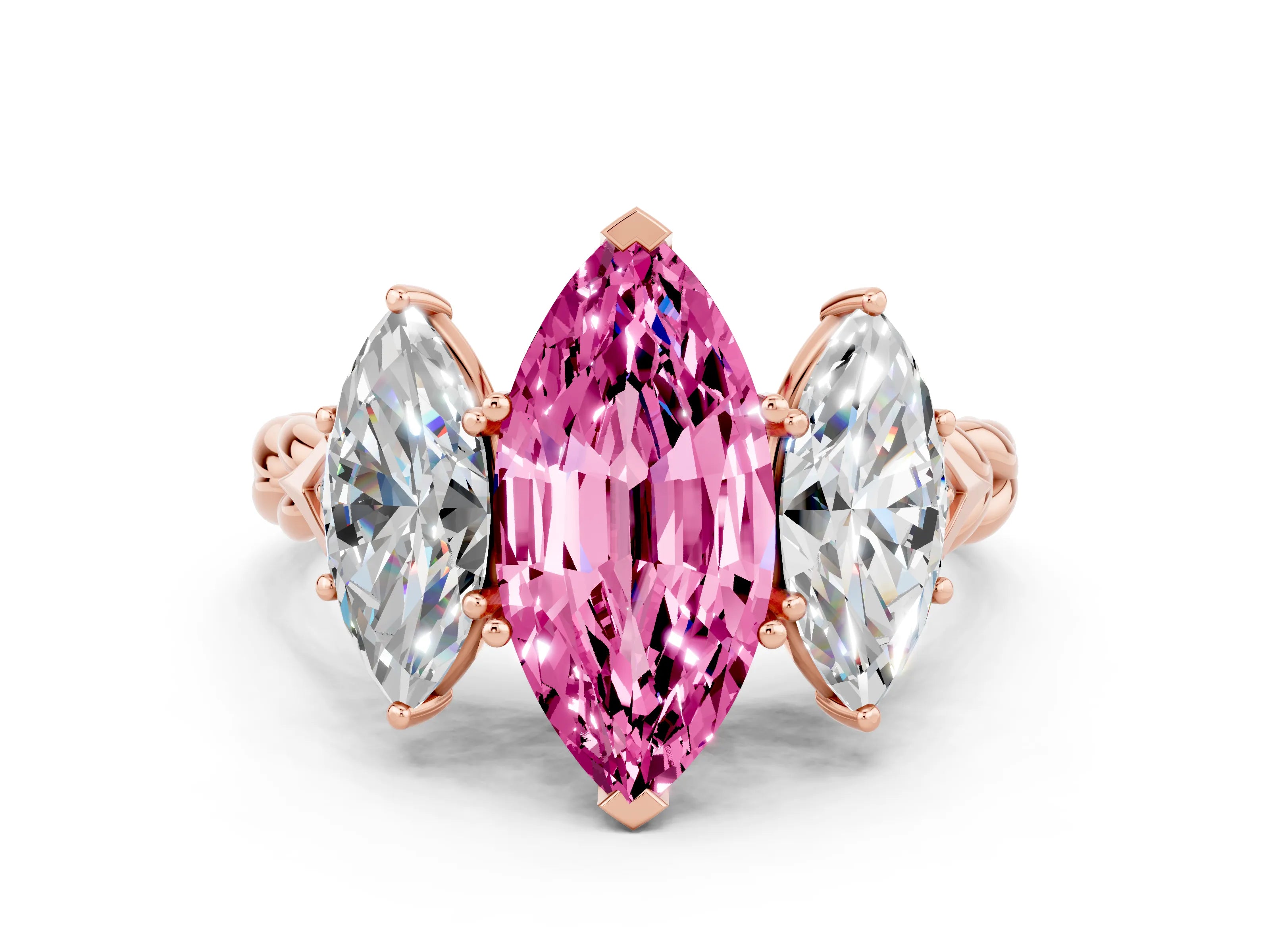 Rose gold Three-Stone Marquise Cut Pink Sapphire Braided Band Ring with Four-Prong Setting_36