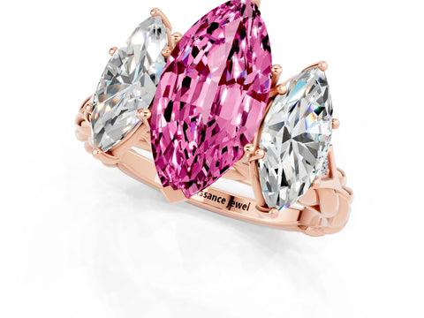 Rose gold Three-Stone Marquise Cut Pink Sapphire Braided Band Ring with Four-Prong Setting_37