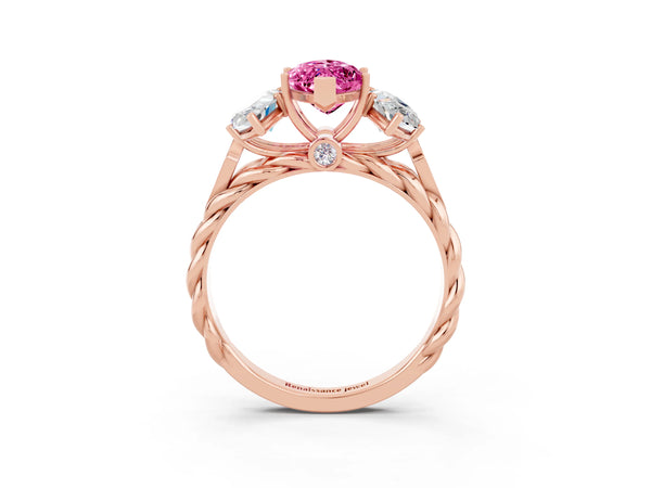 Rose gold Three-Stone Marquise Cut Pink Sapphire Braided Band Ring with Four-Prong Setting