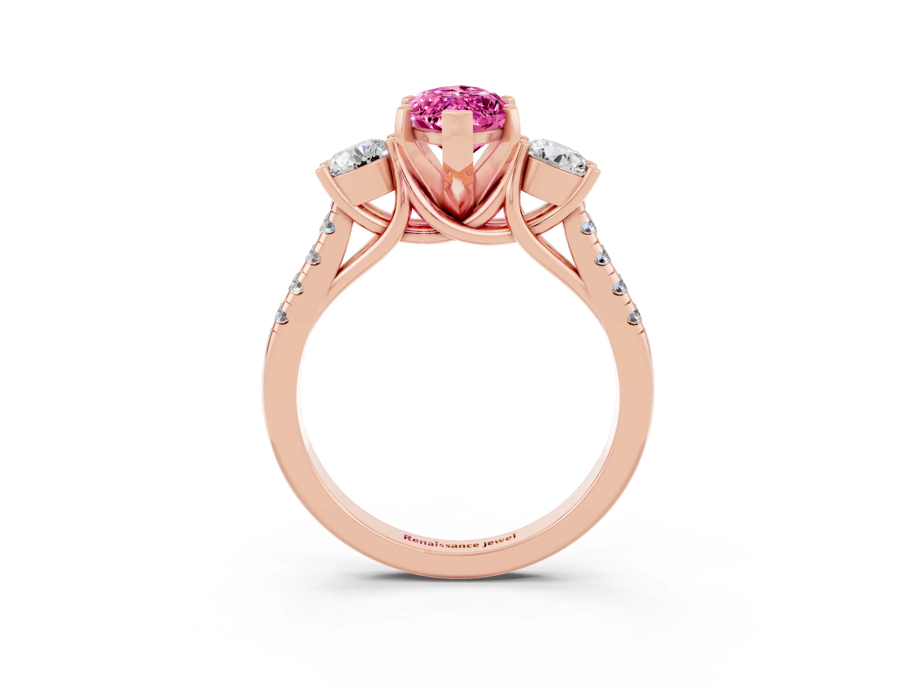 Rose gold Three-Stone Marquise Cut Pink Sapphire Pavé Band with Four-Prong Setting_27