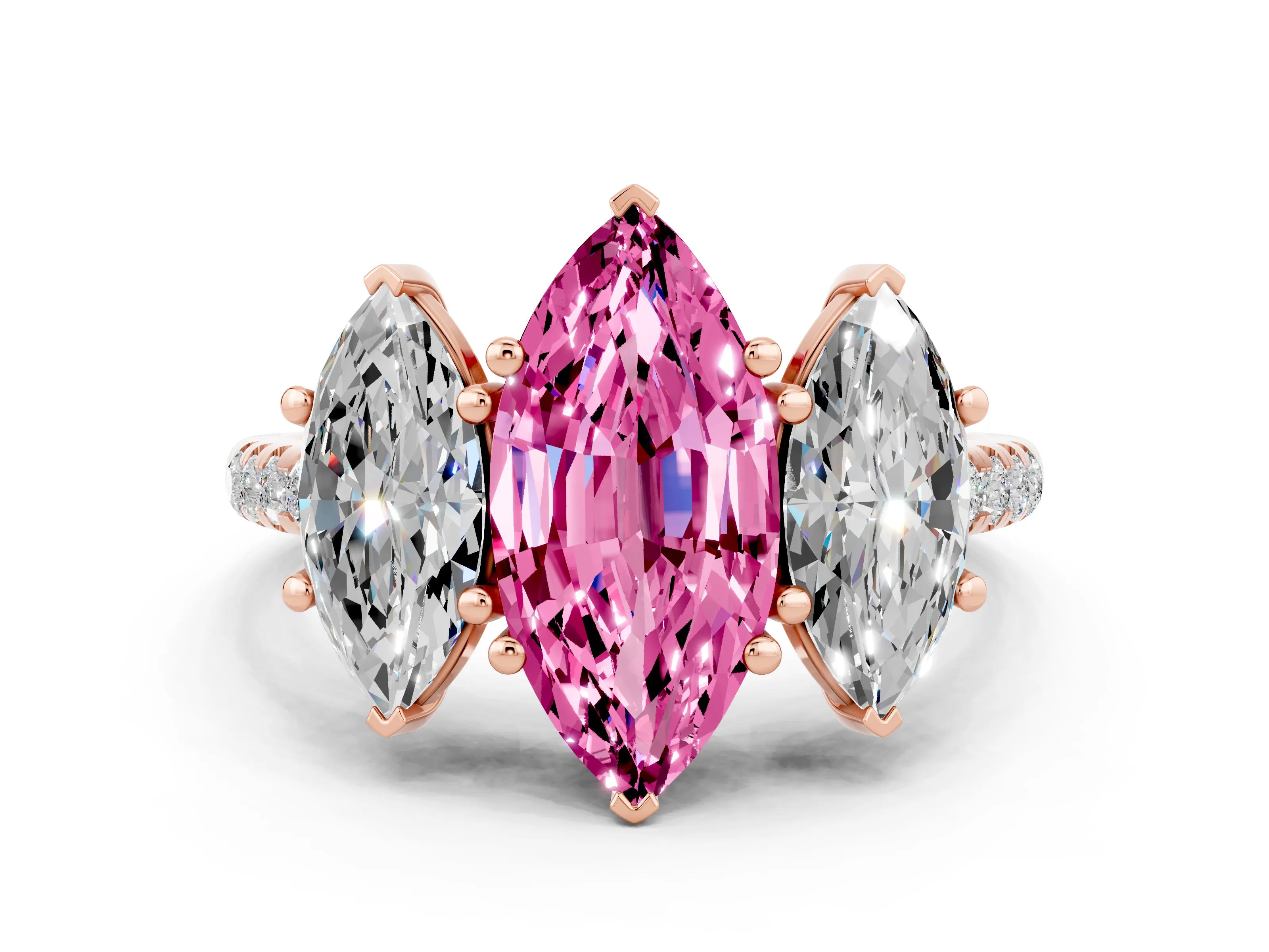 Rose gold Three-Stone Marquise Cut Pink Sapphire Ring with Pavé Band and Prong Setting_36