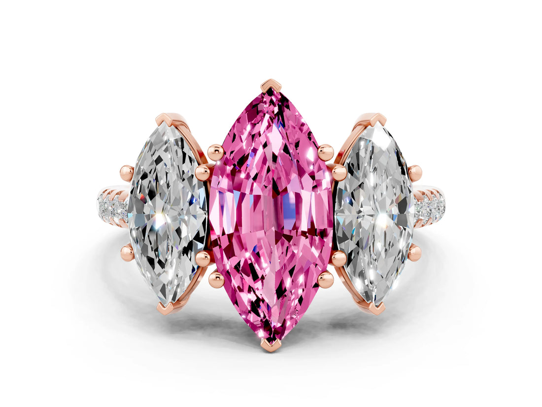 Rose gold Three-Stone Marquise Cut Pink Sapphire Ring with Pavé Band and Prong Setting_36