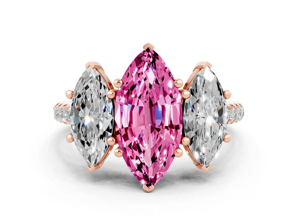 Rose gold Three-Stone Marquise Cut Pink Sapphire Ring with Round  Pavé Band and Prong Setting