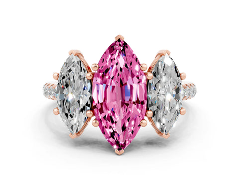 Rose gold Three-Stone Marquise Cut Pink Sapphire Ring with Pavé Band and Prong Setting_36