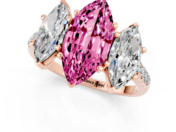 Rose gold Three-Stone Marquise Cut Pink Sapphire Ring with Round  Pavé Band and Prong Setting
