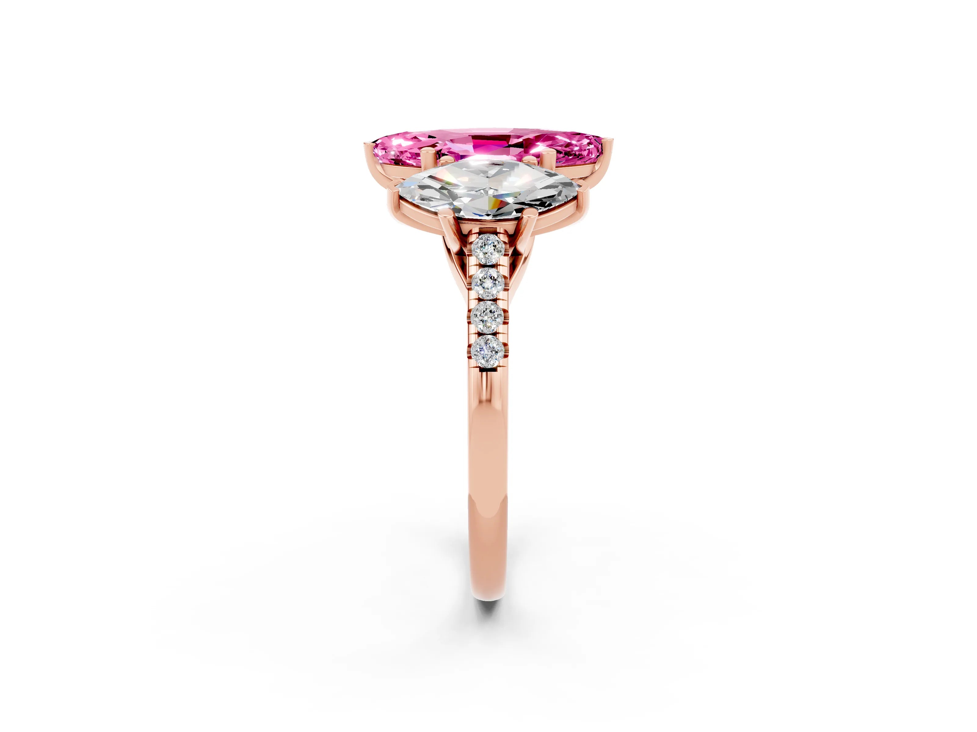 Rose gold Three-Stone Marquise Cut Pink Sapphire Ring with Pavé Band and Prong Setting_38