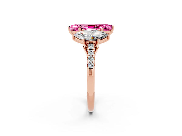 Rose gold Three-Stone Marquise Cut Pink Sapphire Ring with Round  Pavé Band and Prong Setting