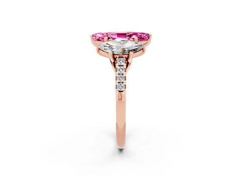 Rose gold Three-Stone Marquise Cut Pink Sapphire Ring with Pavé Band and Prong Setting_38