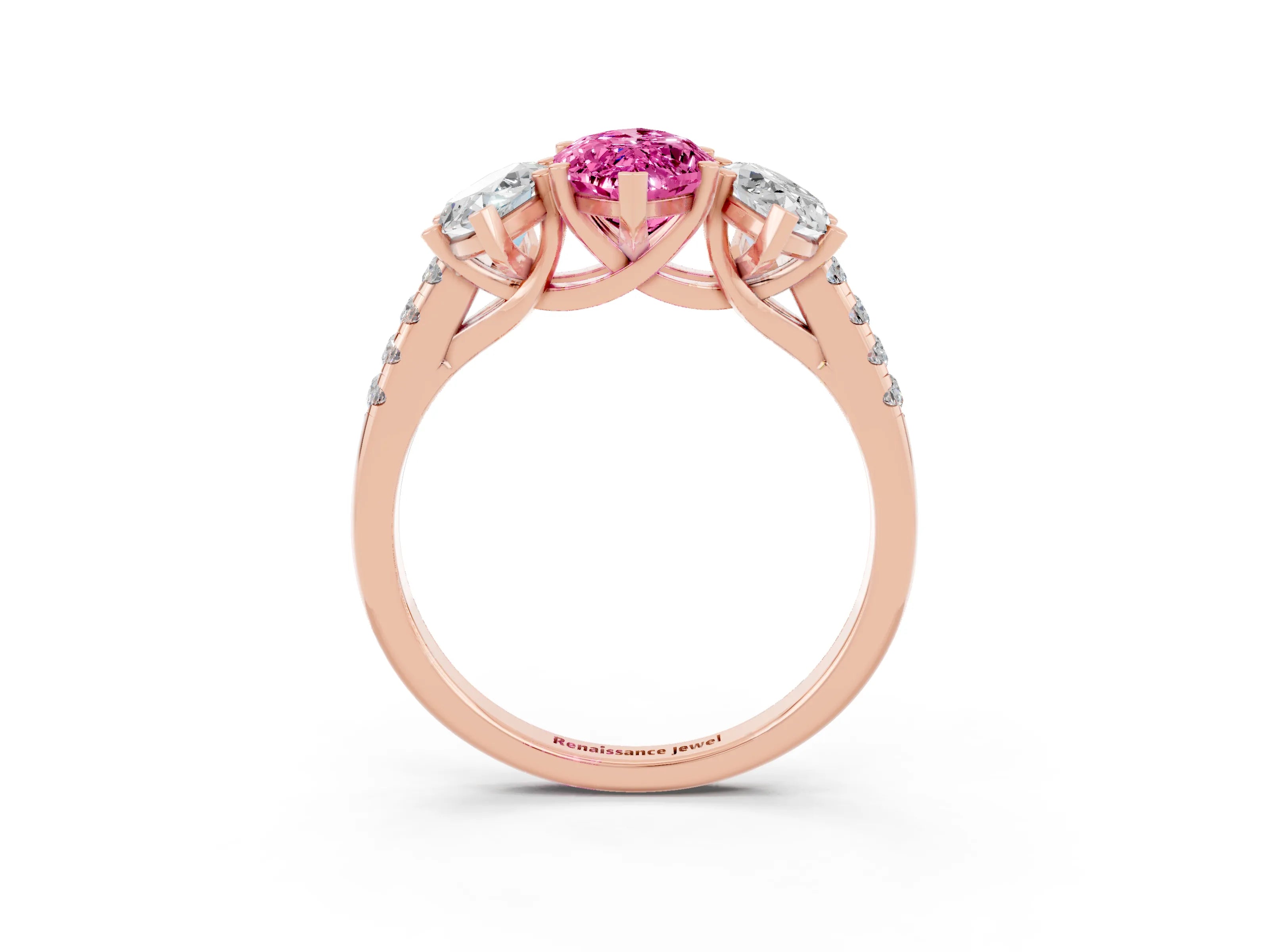 Rose gold Three-Stone Marquise Cut Pink Sapphire Ring with Pavé Band and Prong Setting_39