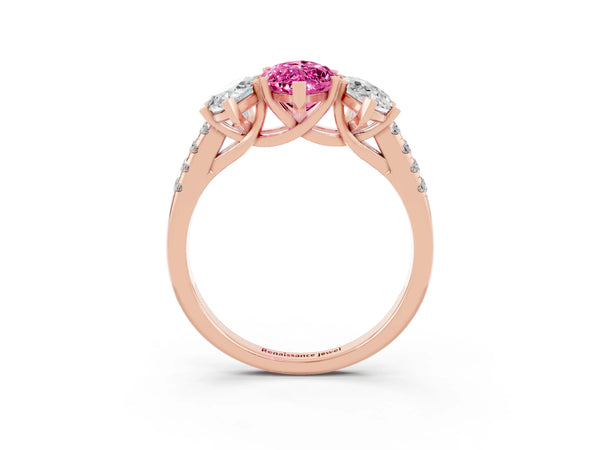 Rose gold Three-Stone Marquise Cut Pink Sapphire Ring with Round  Pavé Band and Prong Setting