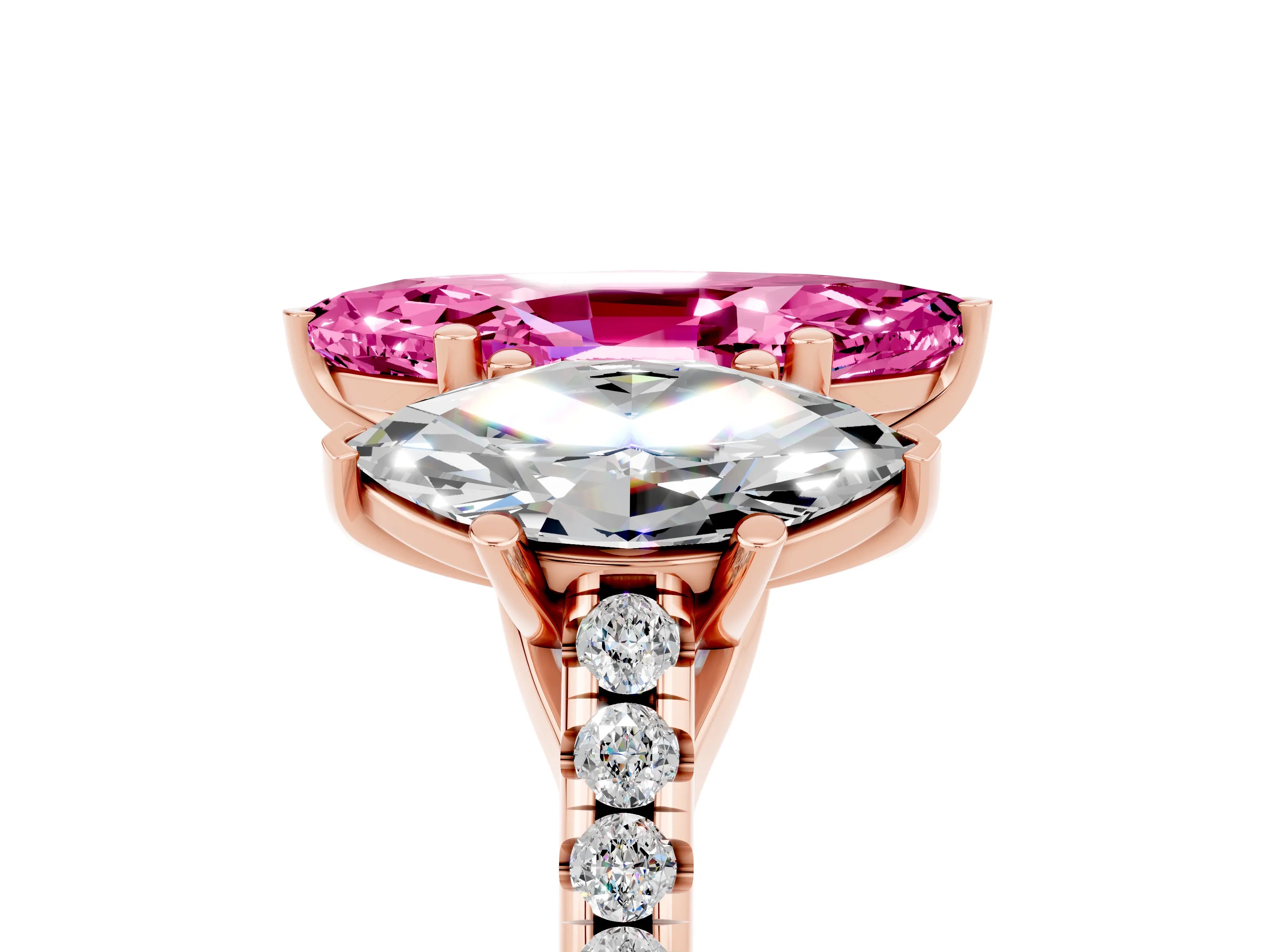 Rose gold Three-Stone Marquise Cut Pink Sapphire Ring with Pavé Band and Prong Setting_41