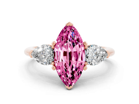 Rose gold Three-Stone Marquise Cut Pink Sapphire Ring with Pear Side Stones and Four-Prong Setting_24