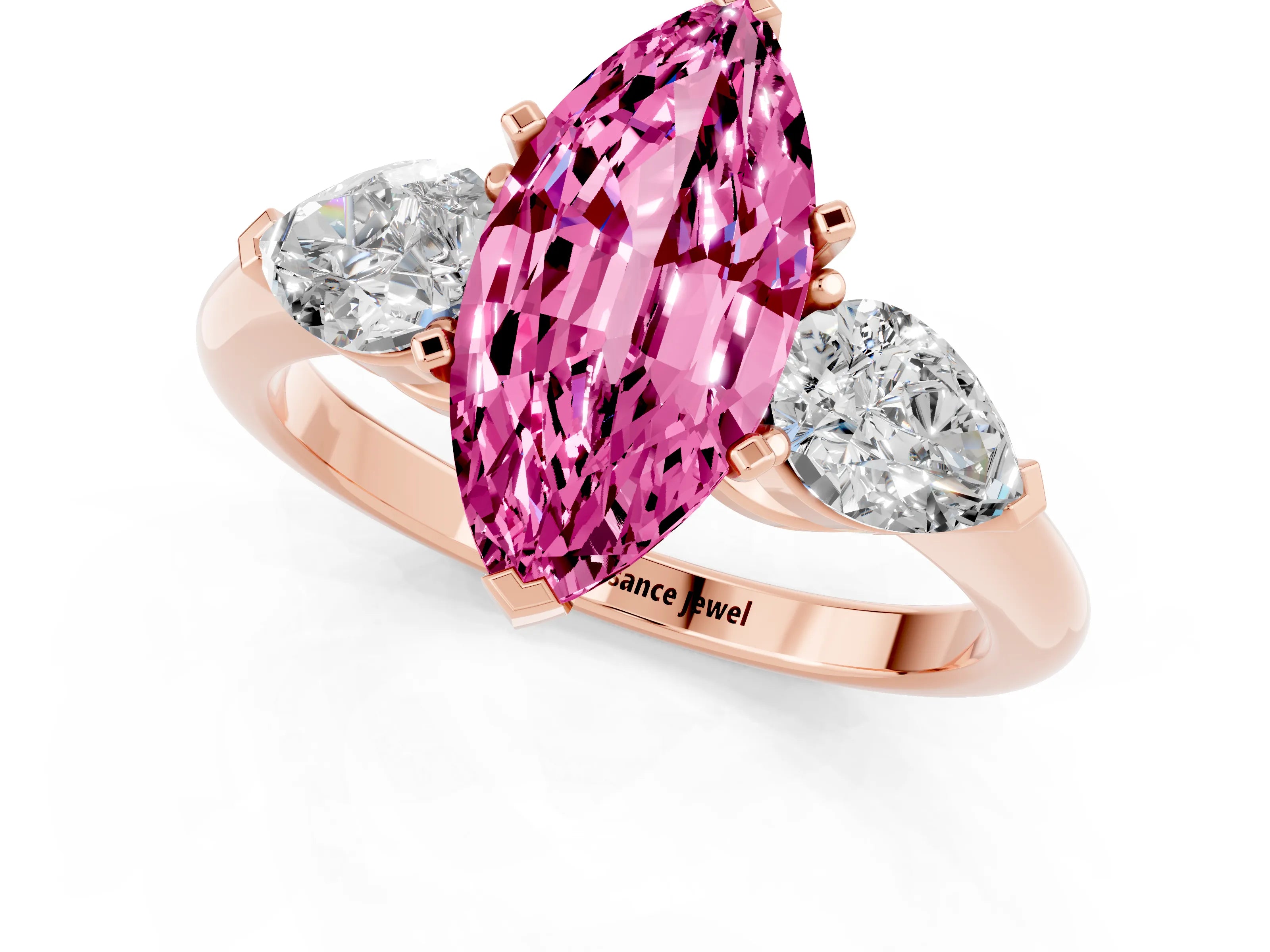 Rose gold Three-Stone Marquise Cut Pink Sapphire Ring with Pear Side Stones and Four-Prong Setting_25