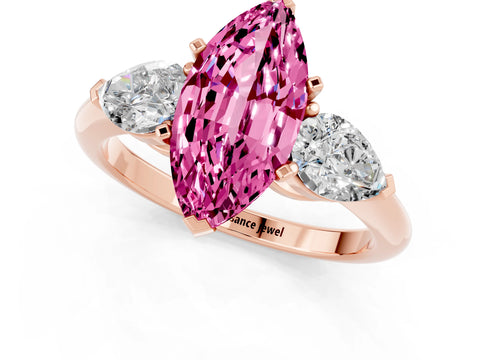 Rose gold Three-Stone Marquise Cut Pink Sapphire Ring with Pear Side Stones and Four-Prong Setting_25