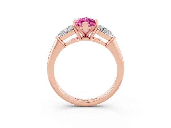 Rose gold Three-Stone Marquise Cut Pink Sapphire Ring with Pear Side Stones and Four-Prong Setting