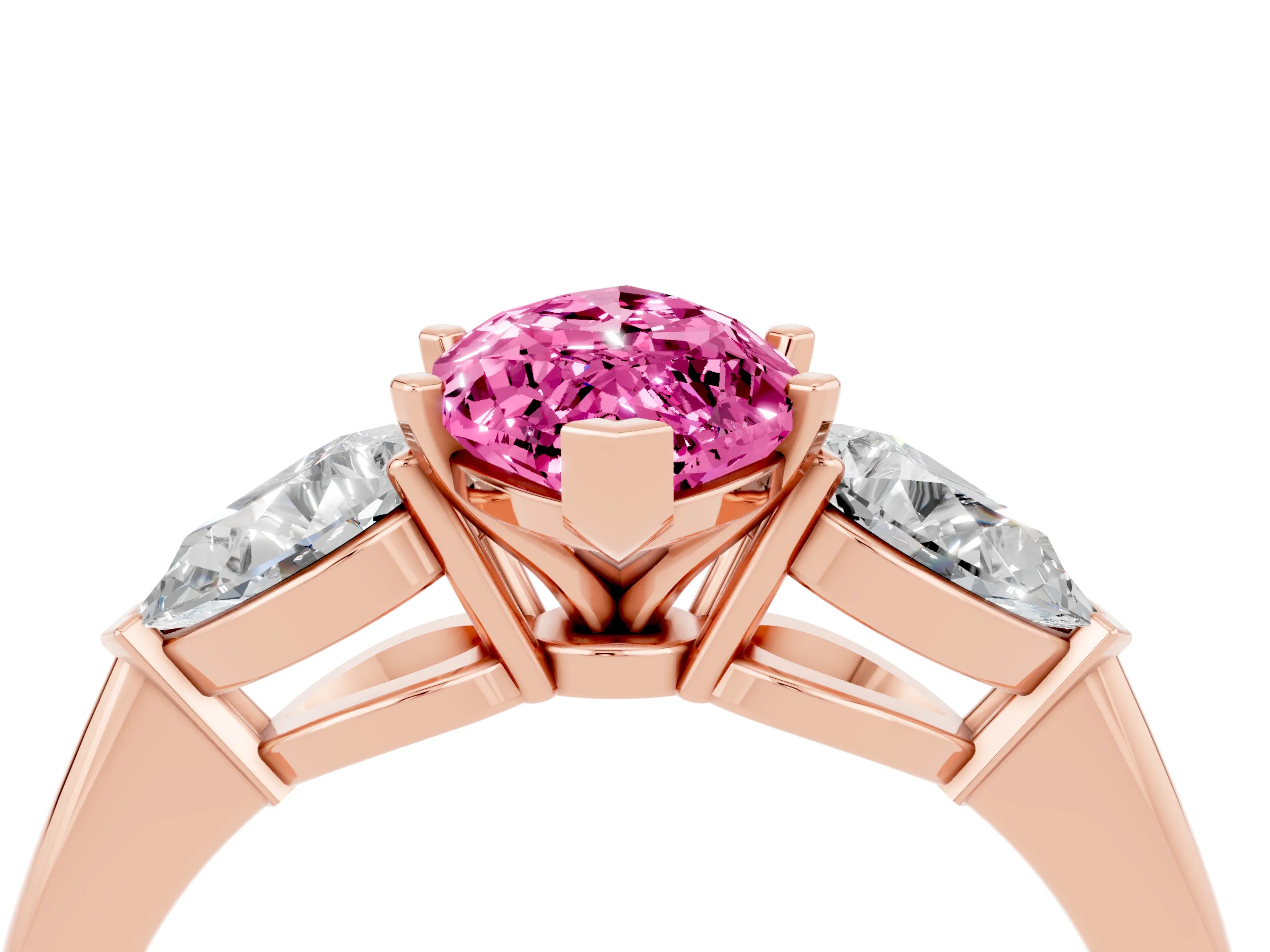 Rose gold Three-Stone Marquise Cut Pink Sapphire Ring with Pear Side Stones and Four-Prong Setting_28