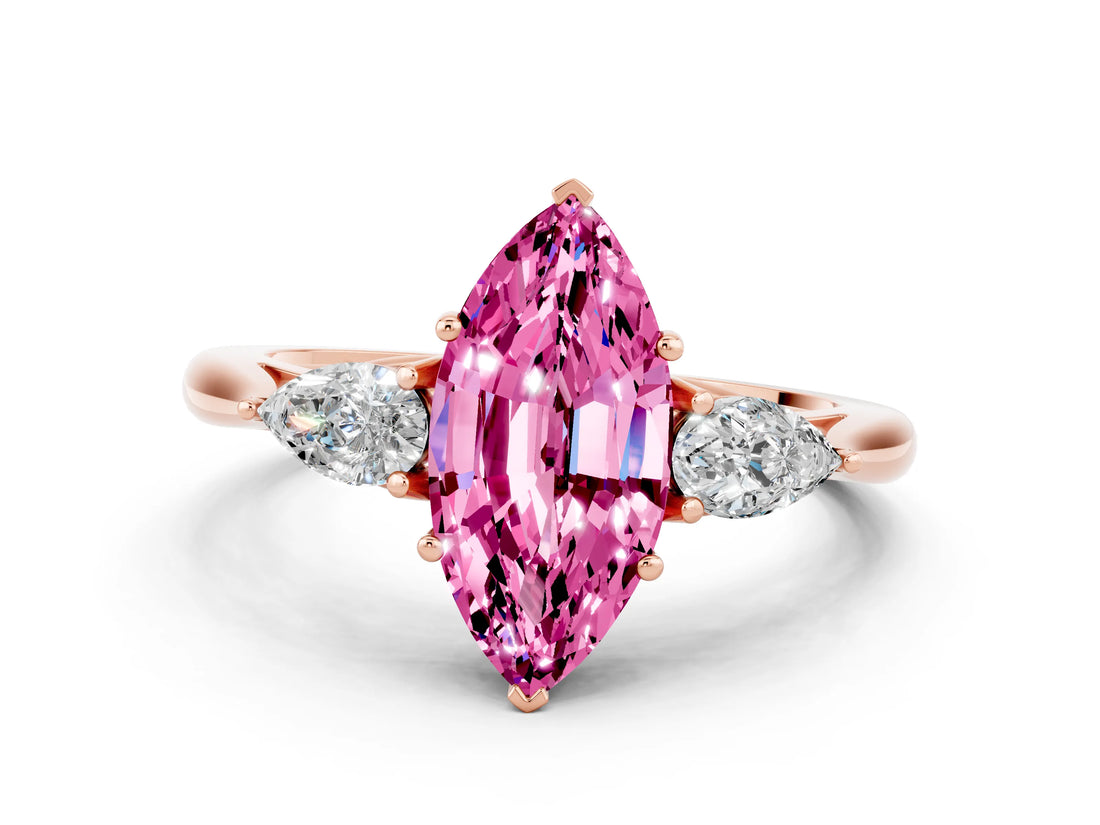 Rose gold Three-Stone Marquise Cut Pink Sapphire Ring with Pear  Side Stones in Four-Prong Setting_12