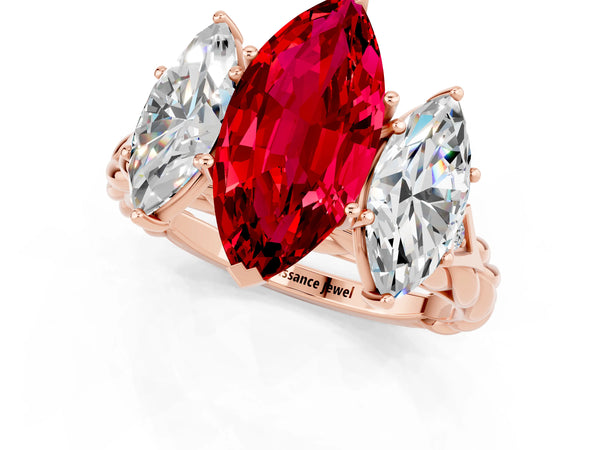 Rose gold Three-Stone Marquise Cut Ruby Braided Band Ring with Four-Prong Setting