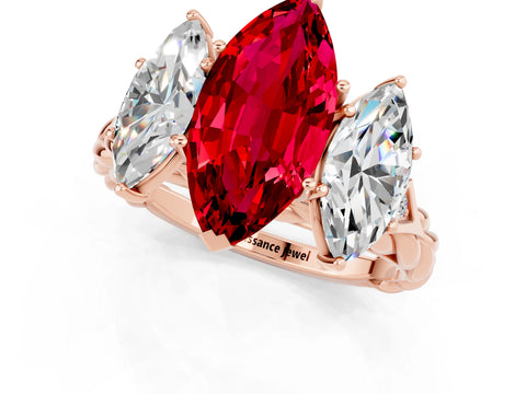 Rose gold Three-Stone Marquise Cut Ruby Braided Band Ring with Four-Prong Setting_13