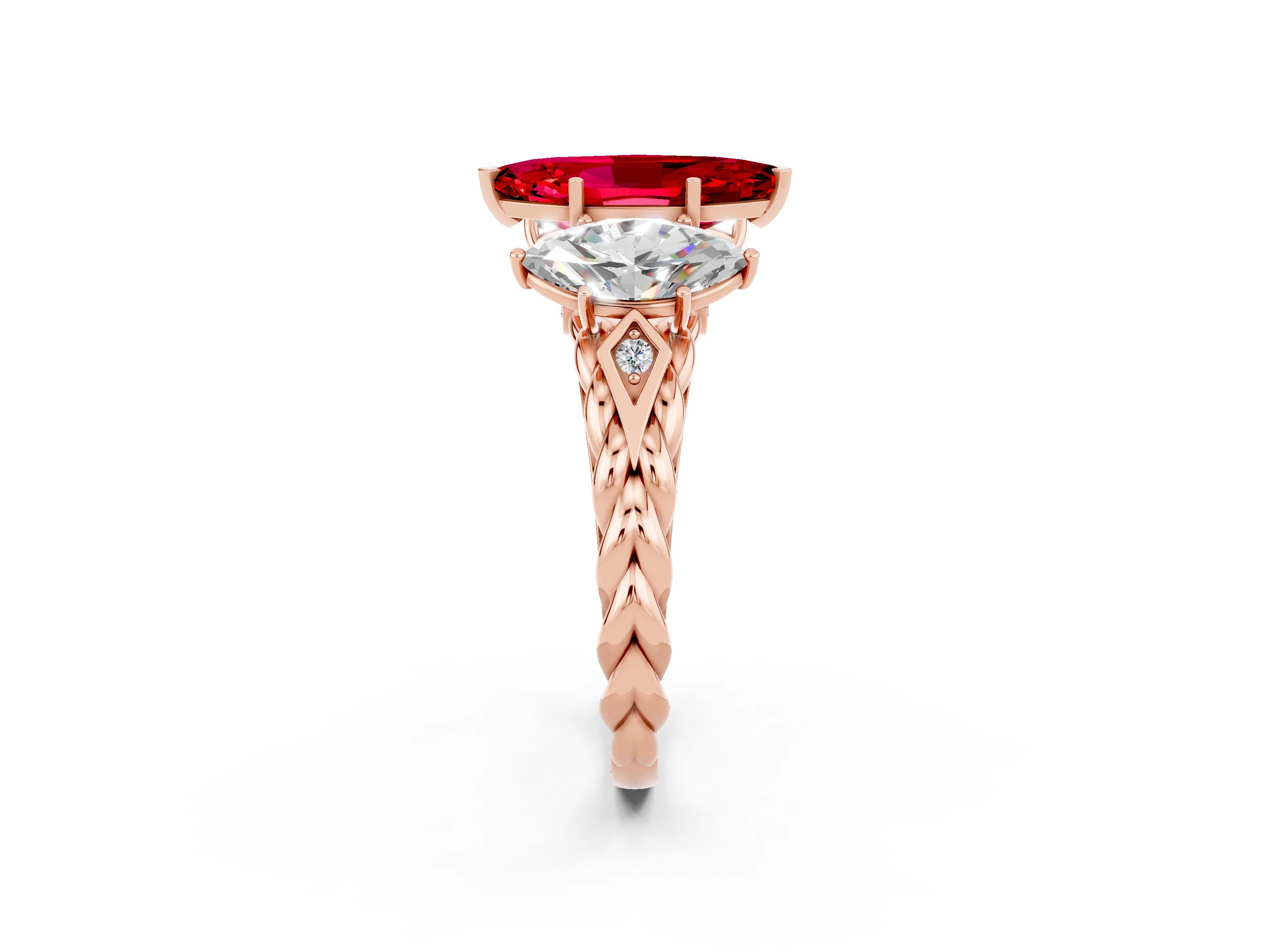 Rose gold Three-Stone Marquise Cut Ruby Braided Band Ring with Four-Prong Setting_14