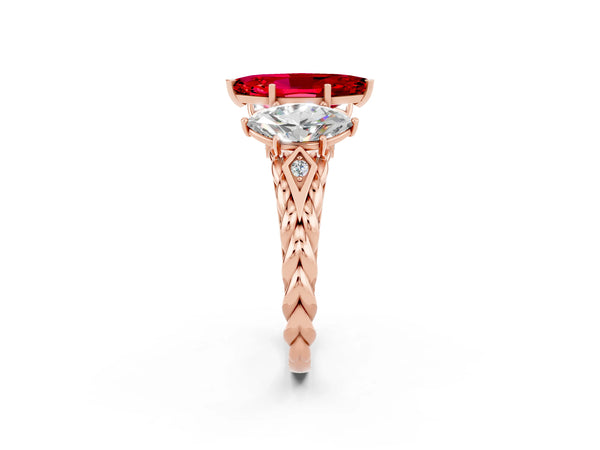 Rose gold Three-Stone Marquise Cut Ruby Braided Band Ring with Four-Prong Setting