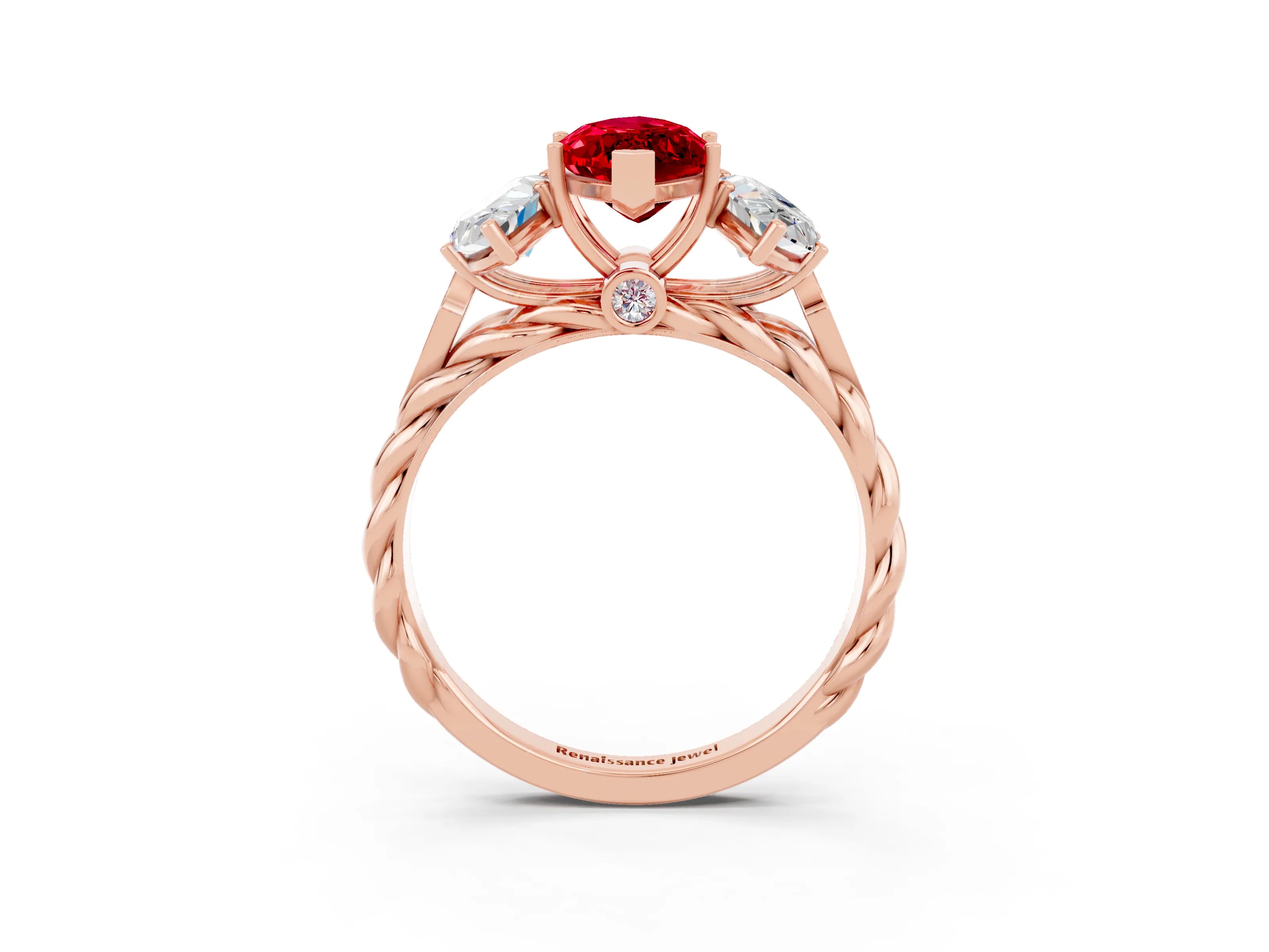 Rose gold Three-Stone Marquise Cut Ruby Braided Band Ring with Four-Prong Setting_15