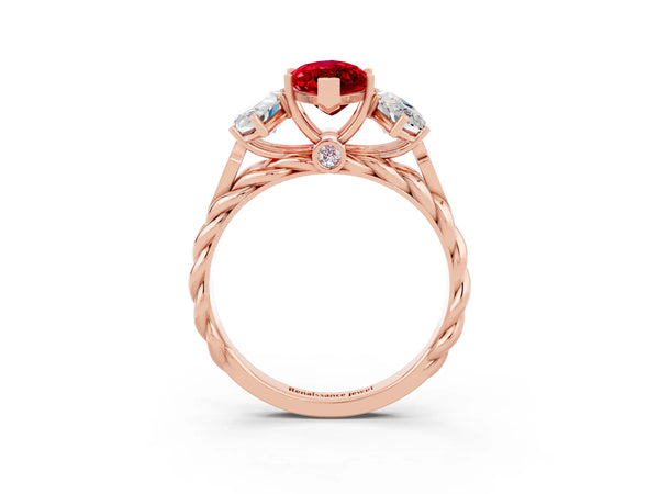 Rose gold Three-Stone Marquise Cut Ruby Braided Band Ring with Four-Prong Setting