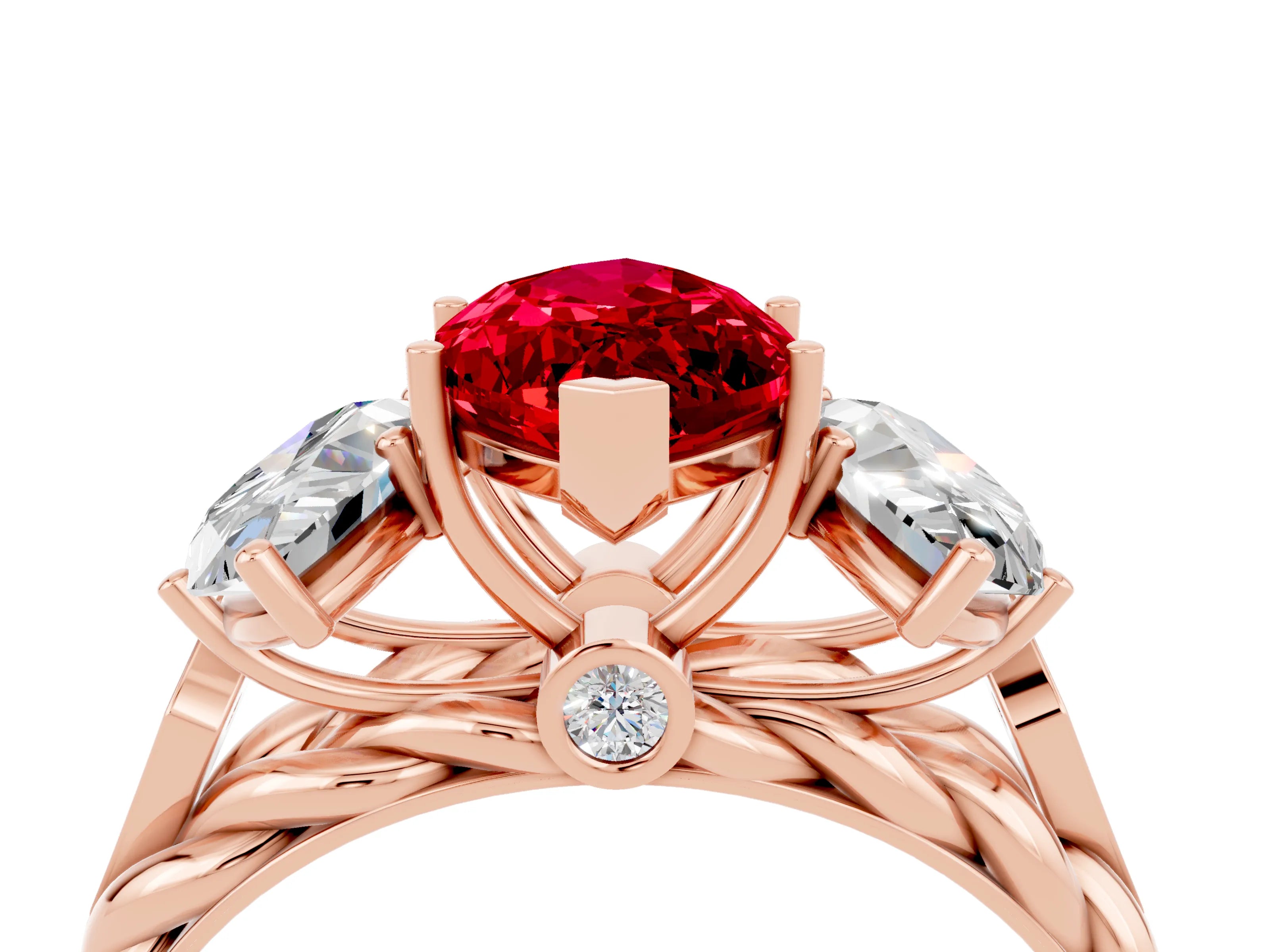 Rose gold Three-Stone Marquise Cut Ruby Braided Band Ring with Four-Prong Setting_16
