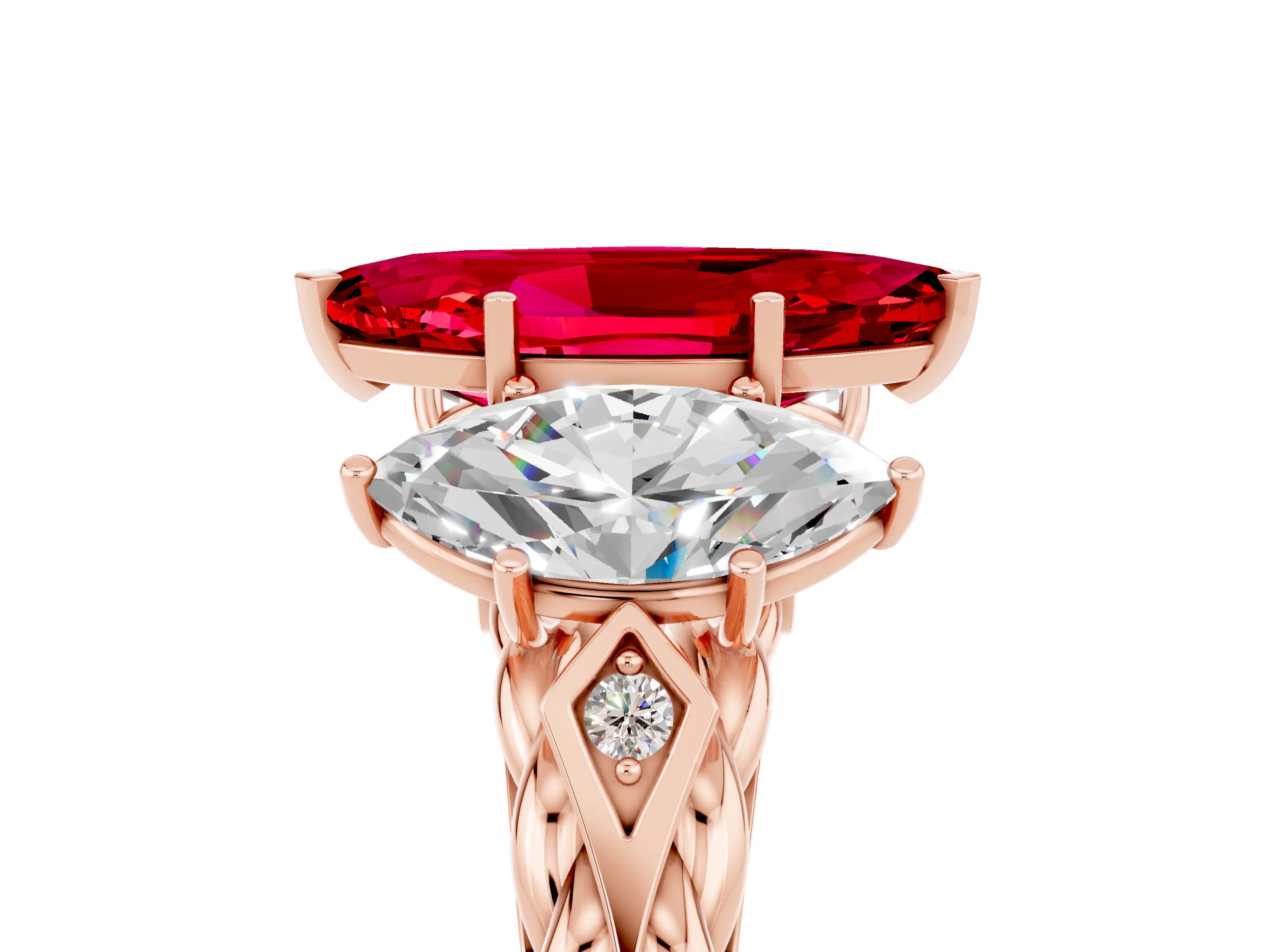 Rose gold Three-Stone Marquise Cut Ruby Braided Band Ring with Four-Prong Setting_17