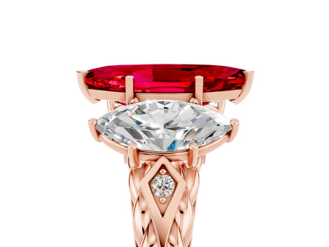 Rose gold Three-Stone Marquise Cut Ruby Braided Band Ring with Four-Prong Setting_17