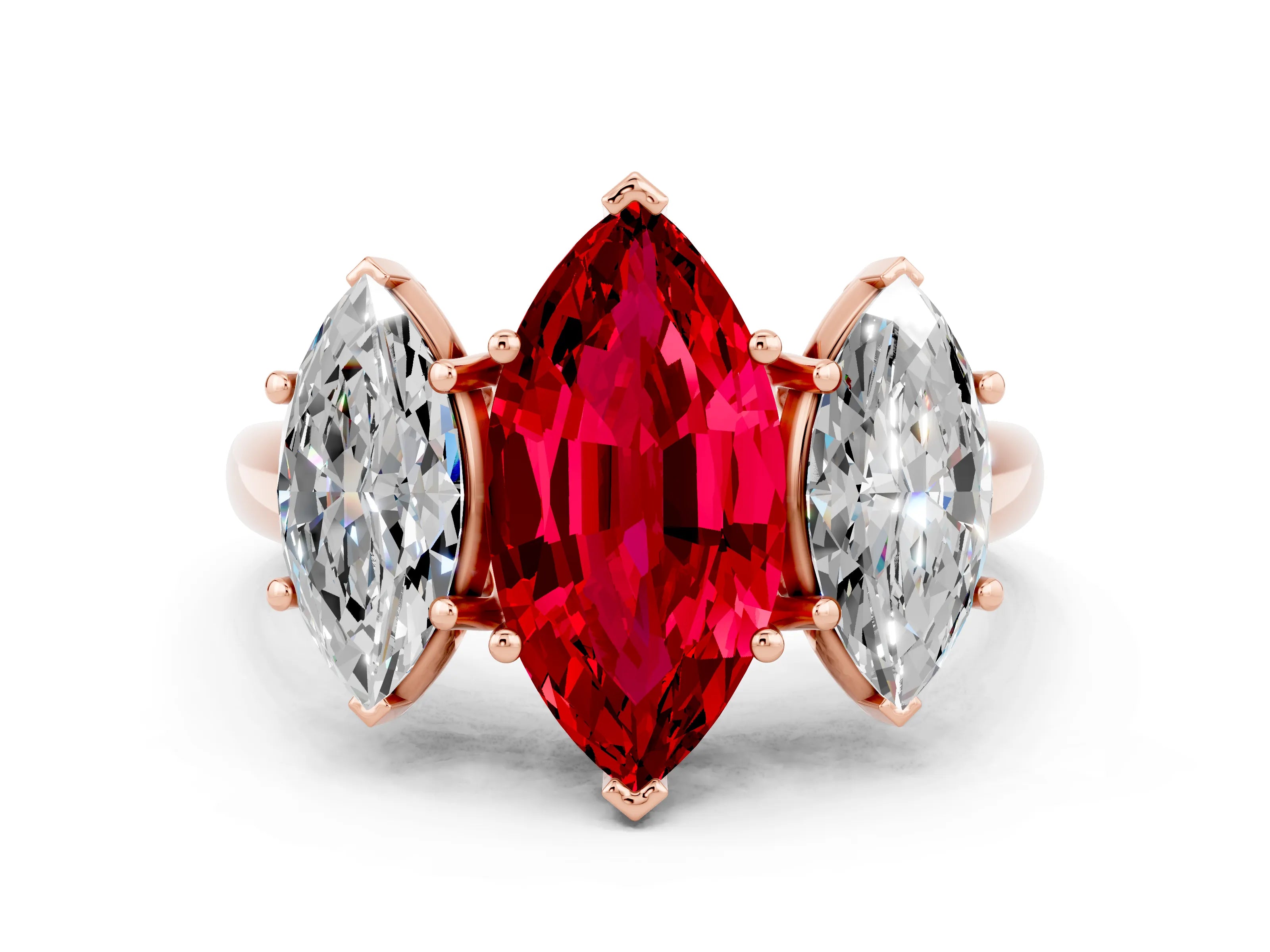 Rose gold Three-Stone Marquise Cut Ruby Engagement Ring with Prong Setting