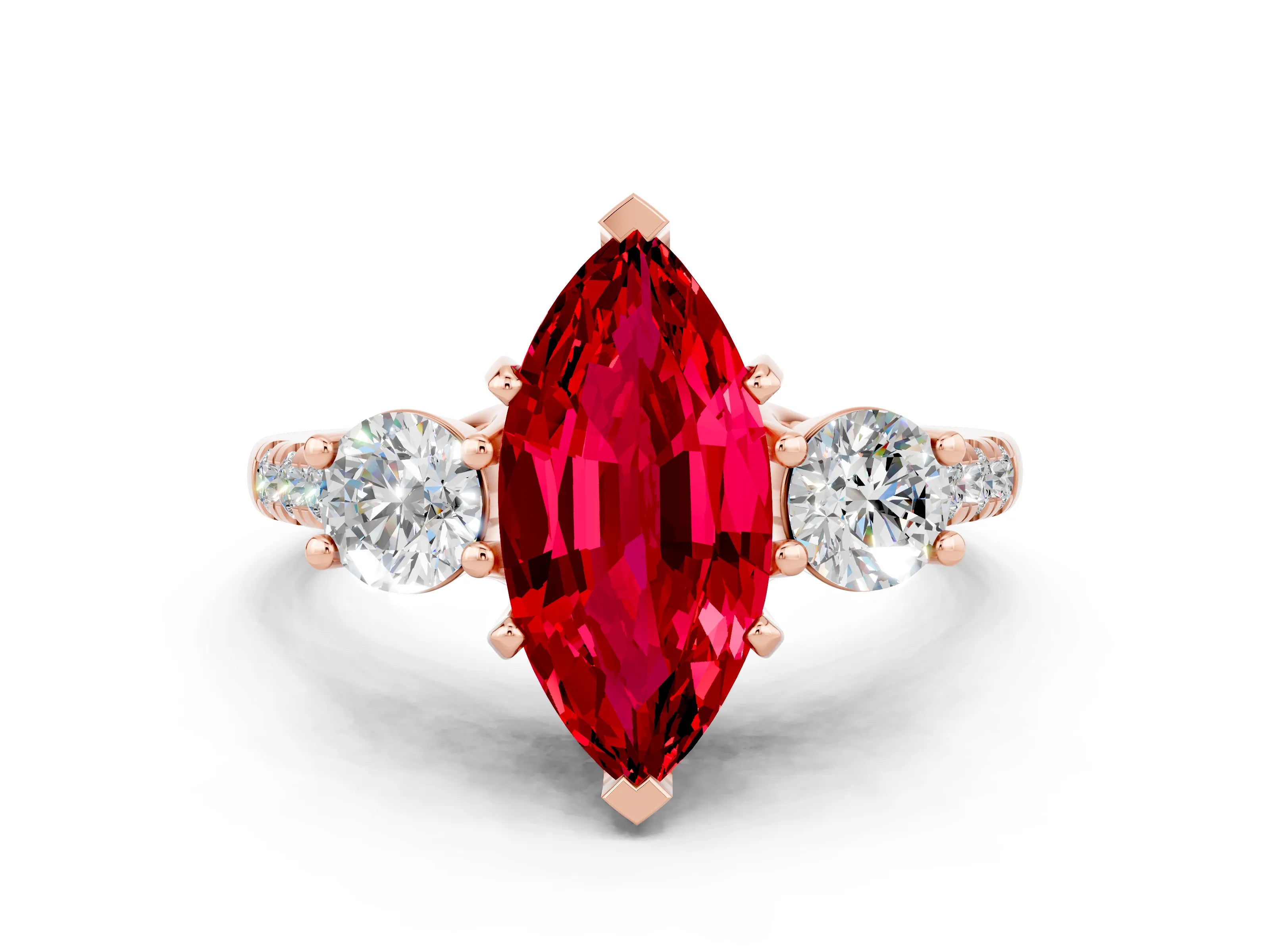Rose gold Three-Stone Marquise Cut Ruby Pavé Band with Four-Prong Setting