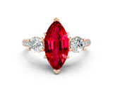 Rose gold Three-Stone Marquise Cut Ruby Pavé Band with Four-Prong Setting