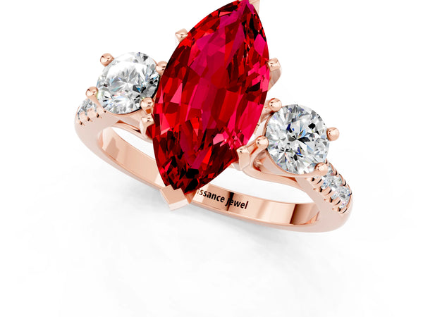 Rose gold Three-Stone Marquise Cut Ruby Pavé Band with Four-Prong Setting