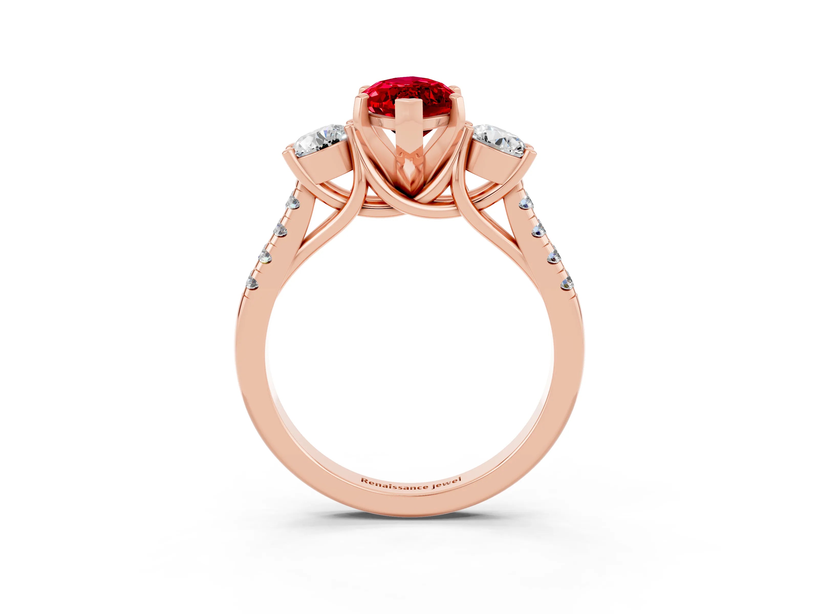 Rose gold Three-Stone Marquise Cut Ruby Pavé Band with Four-Prong Setting_3