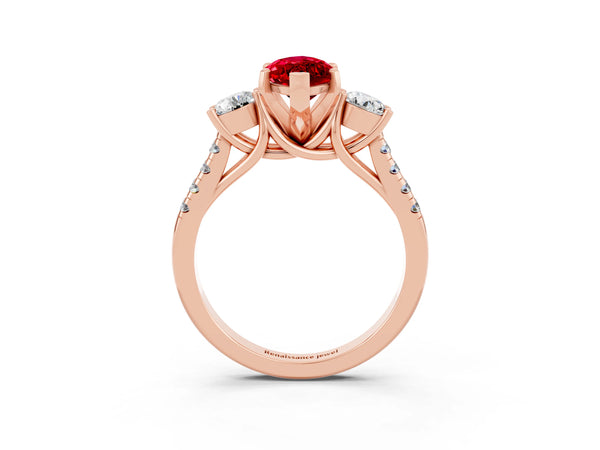 Rose gold Three-Stone Marquise Cut Ruby Pavé Band with Four-Prong Setting