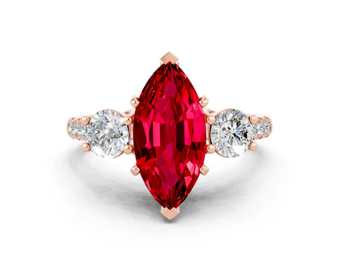 Rose gold Three-Stone Marquise Cut Ruby Pavé Band with Four-Prong Setting