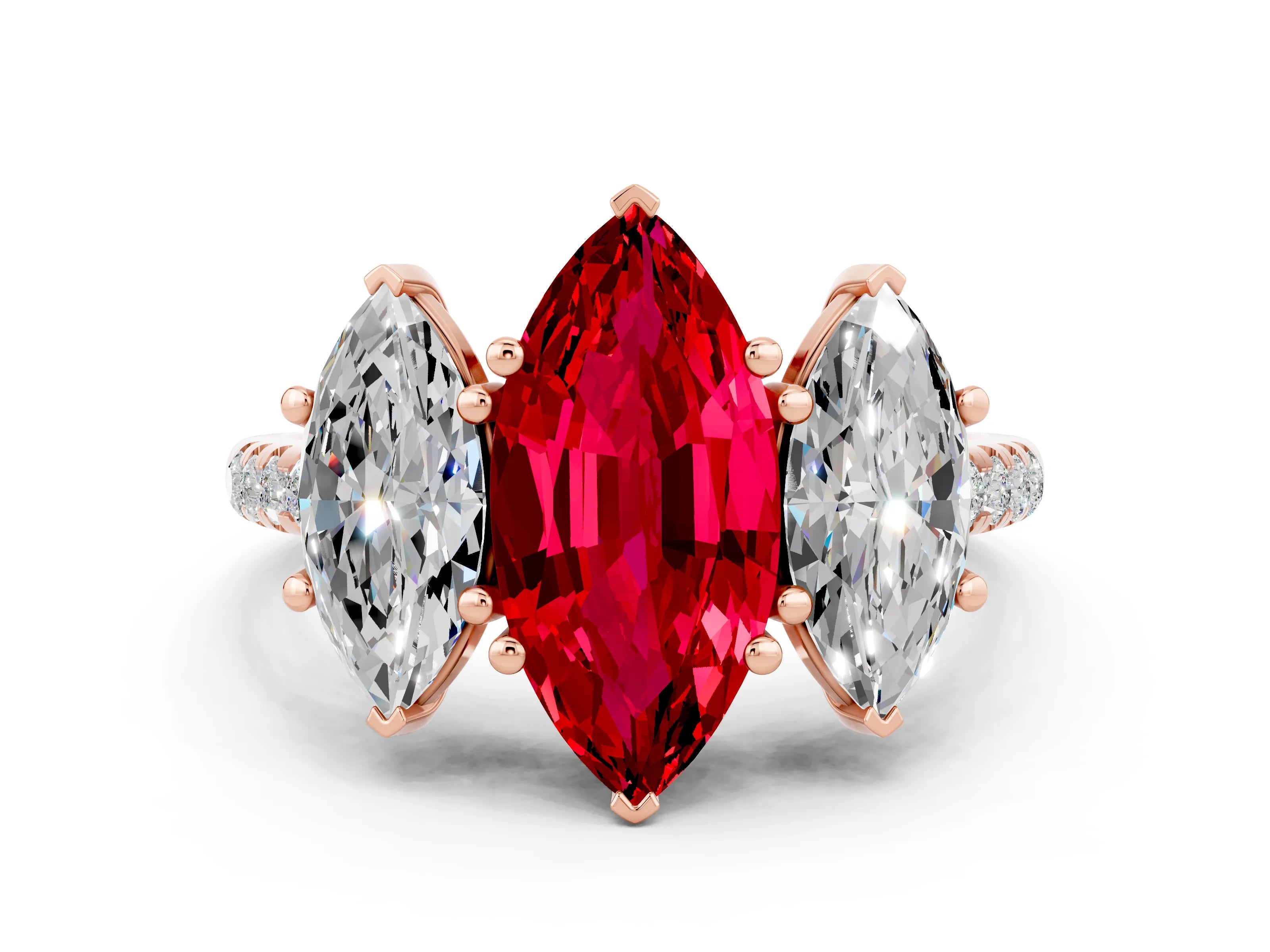 Rose gold Three-Stone Marquise Cut Ruby Ring with Pavé Band and Prong Setting_12