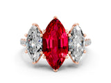 Rose gold Three-Stone Marquise Cut Ruby Ring with Pavé Band and Prong Setting_12