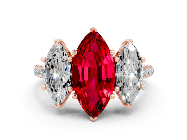Rose gold Three-Stone Marquise Cut Ruby Ring with Round  Pavé Band and Prong Setting
