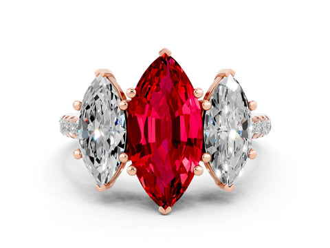 Rose gold Three-Stone Marquise Cut Ruby Ring with Pavé Band and Prong Setting_12