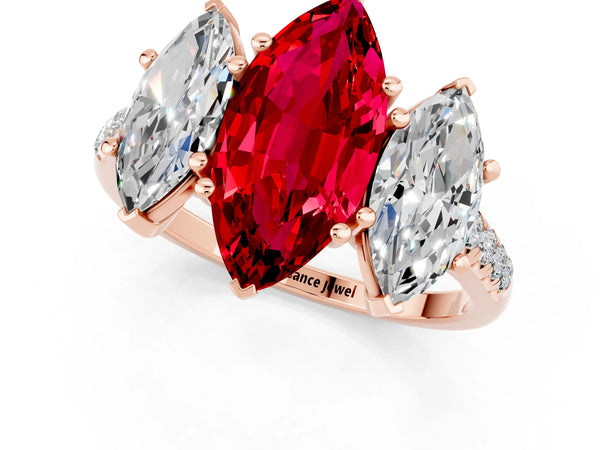 Rose gold Three-Stone Marquise Cut Ruby Ring with Round  Pavé Band and Prong Setting