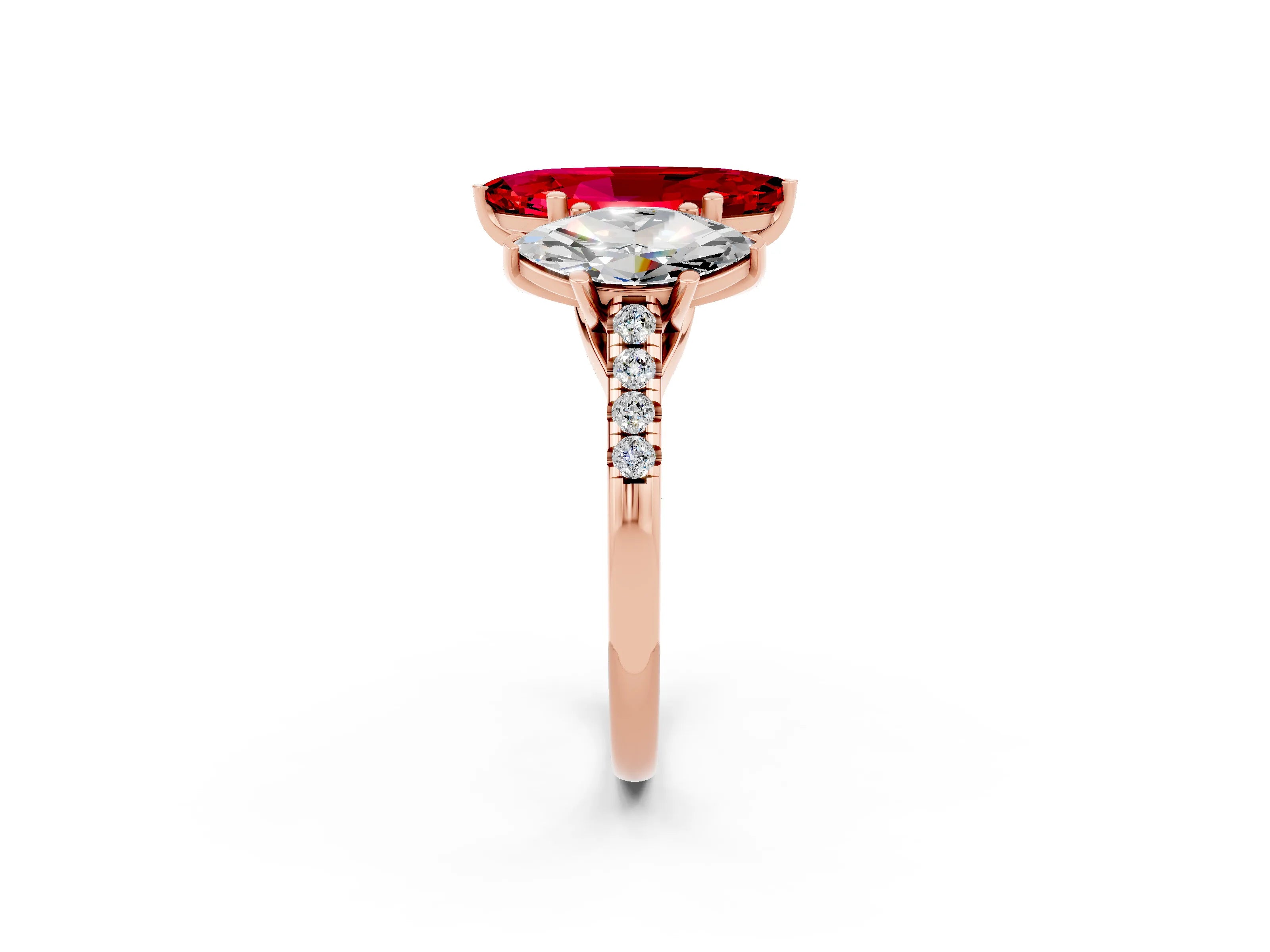 Rose gold Three-Stone Marquise Cut Ruby Ring with Pavé Band and Prong Setting_14
