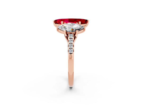 Rose gold Three-Stone Marquise Cut Ruby Ring with Round  Pavé Band and Prong Setting
