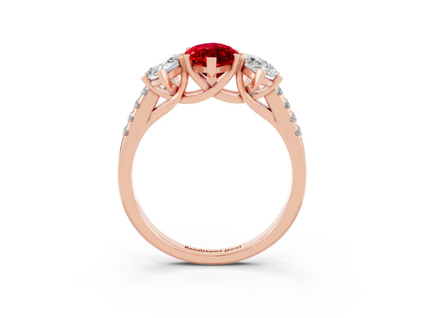 Rose gold Three-Stone Marquise Cut Ruby Ring with Round  Pavé Band and Prong Setting